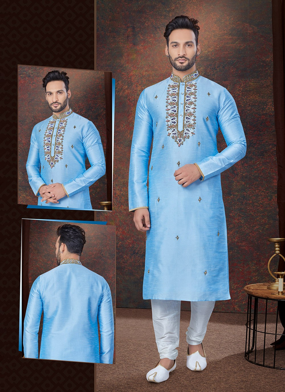 Machine Embroidery Art Silk Firozi Kurta Pyjama - M7598