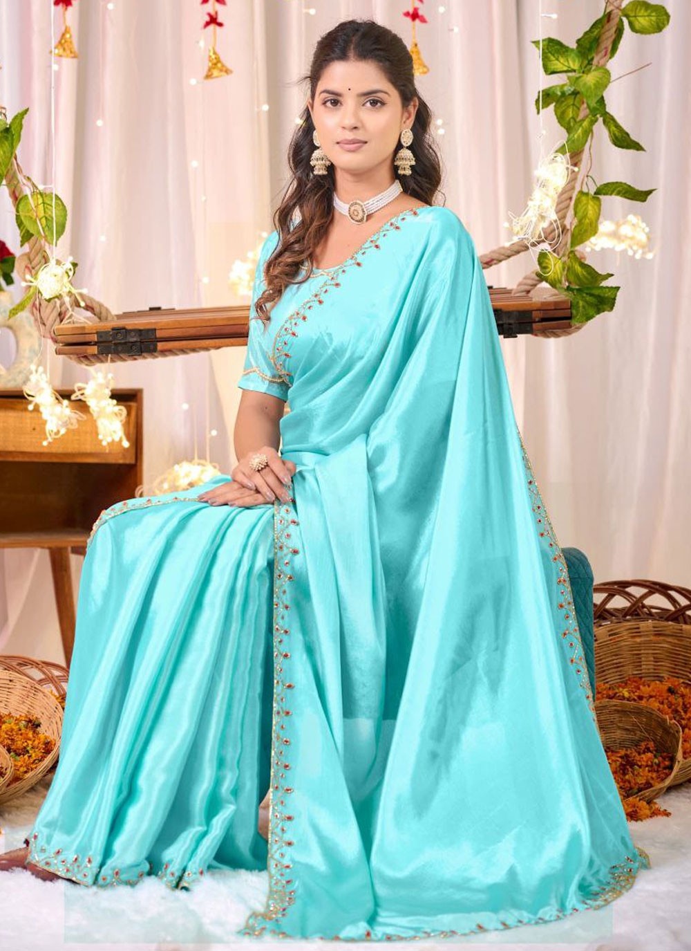 Classic Border Work Chinon, Silk Saree - S9111