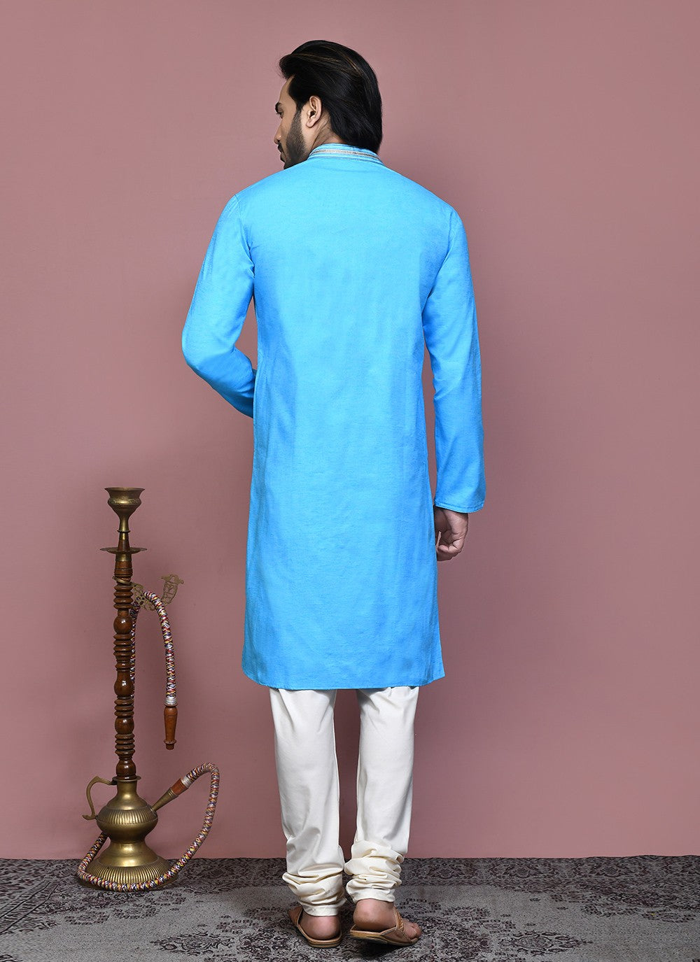 Embroidered Cotton Firozi Kurta Pyjama - M7885