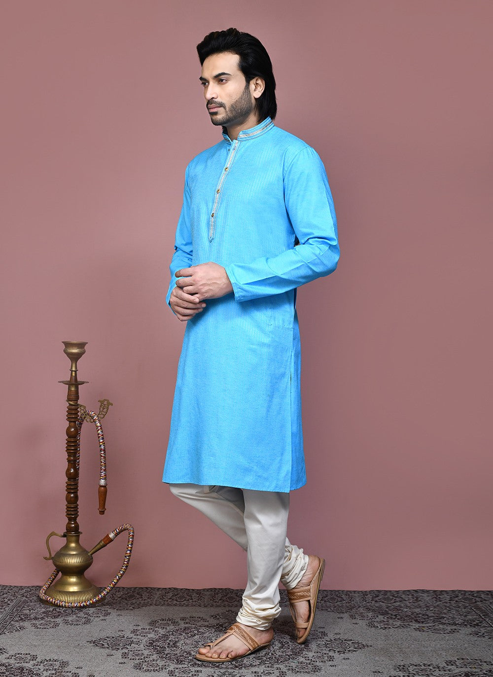 Embroidered Cotton Firozi Kurta Pyjama - M7885