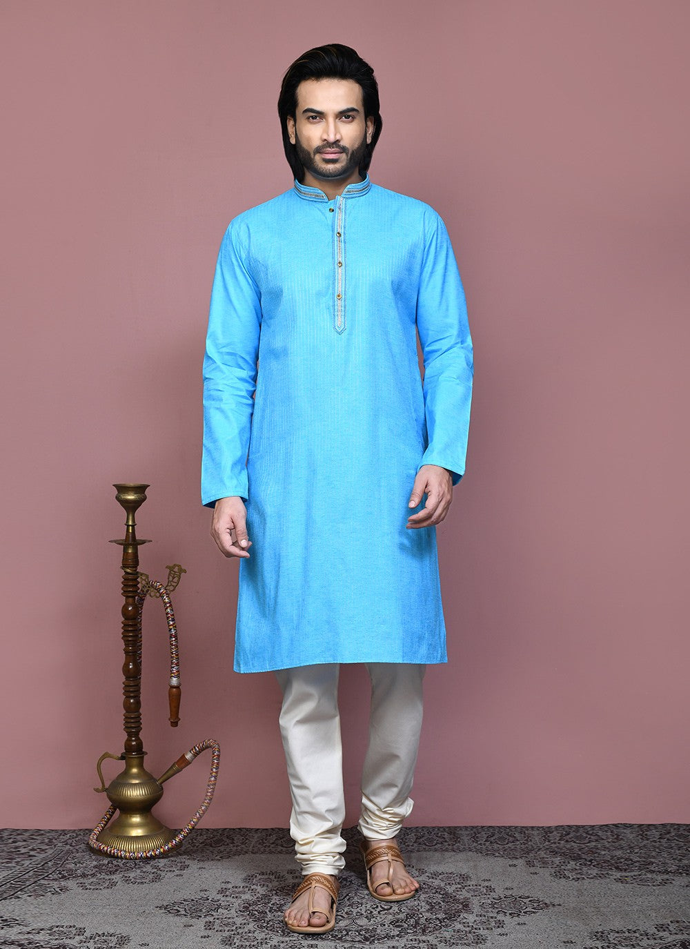 Embroidered Cotton Firozi Kurta Pyjama - M7885