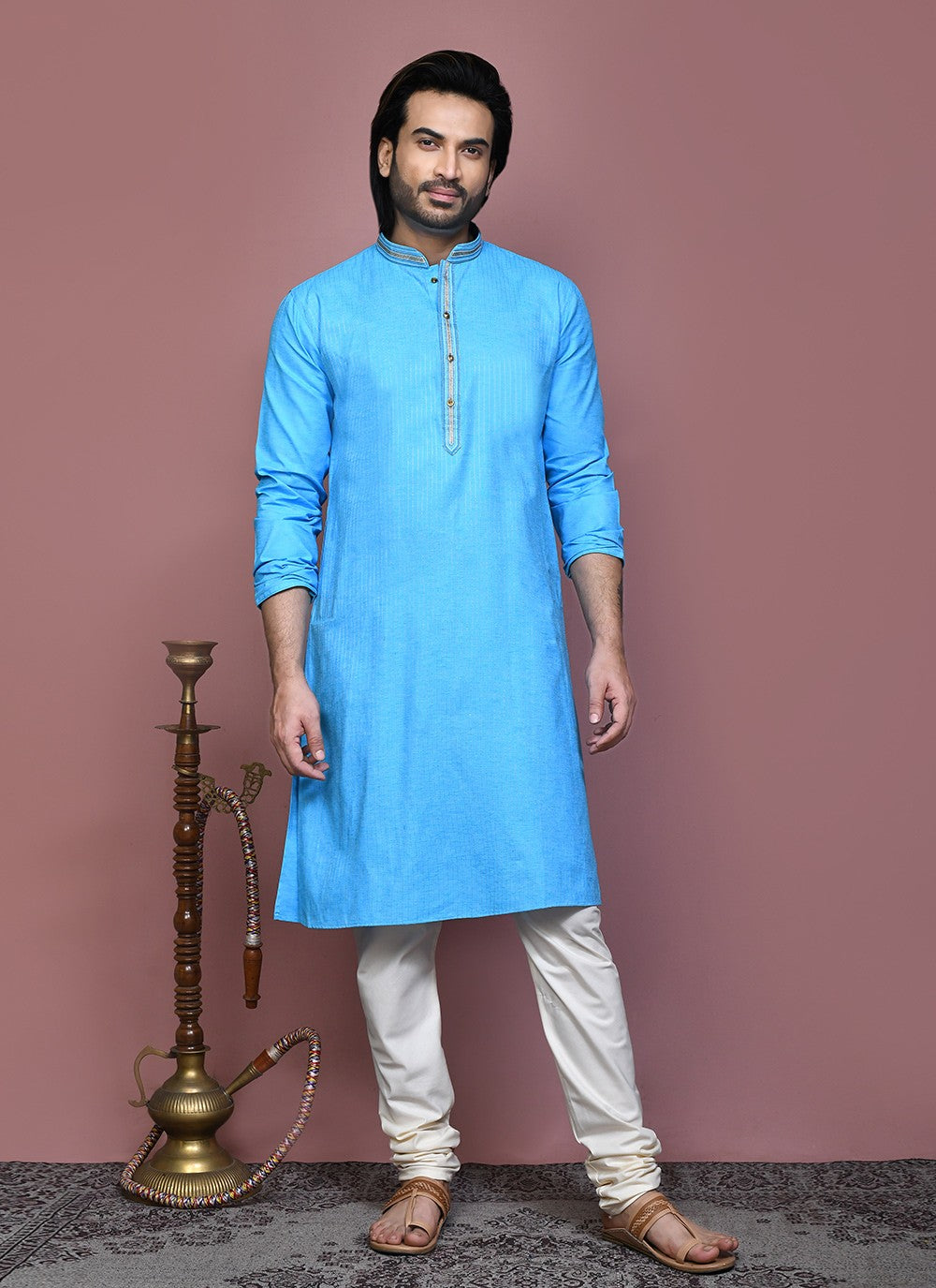 Embroidered Cotton Firozi Kurta Pyjama - M7885