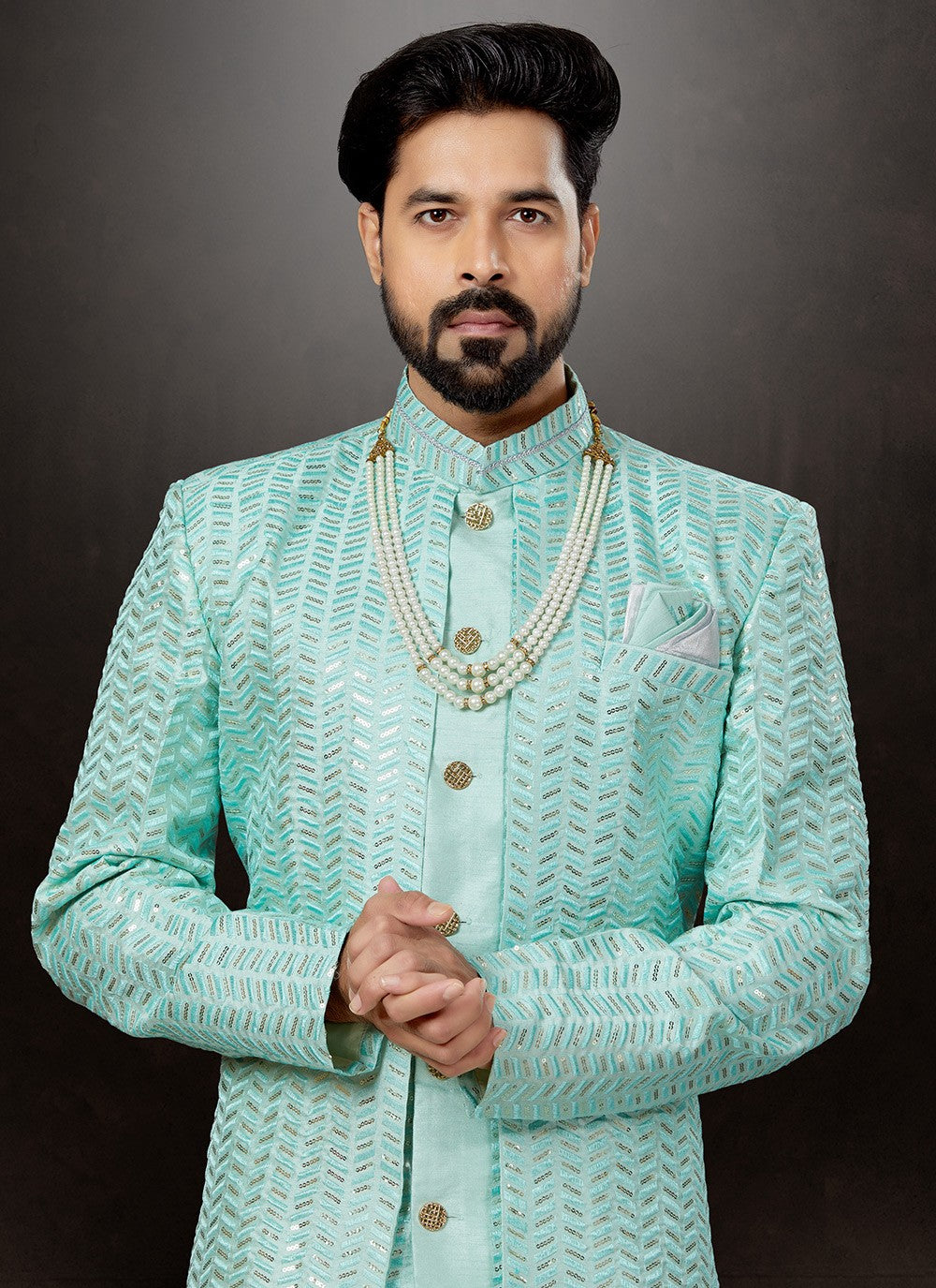 Embroidered Jacquard Firozi Indo Western Sherwani - M4826