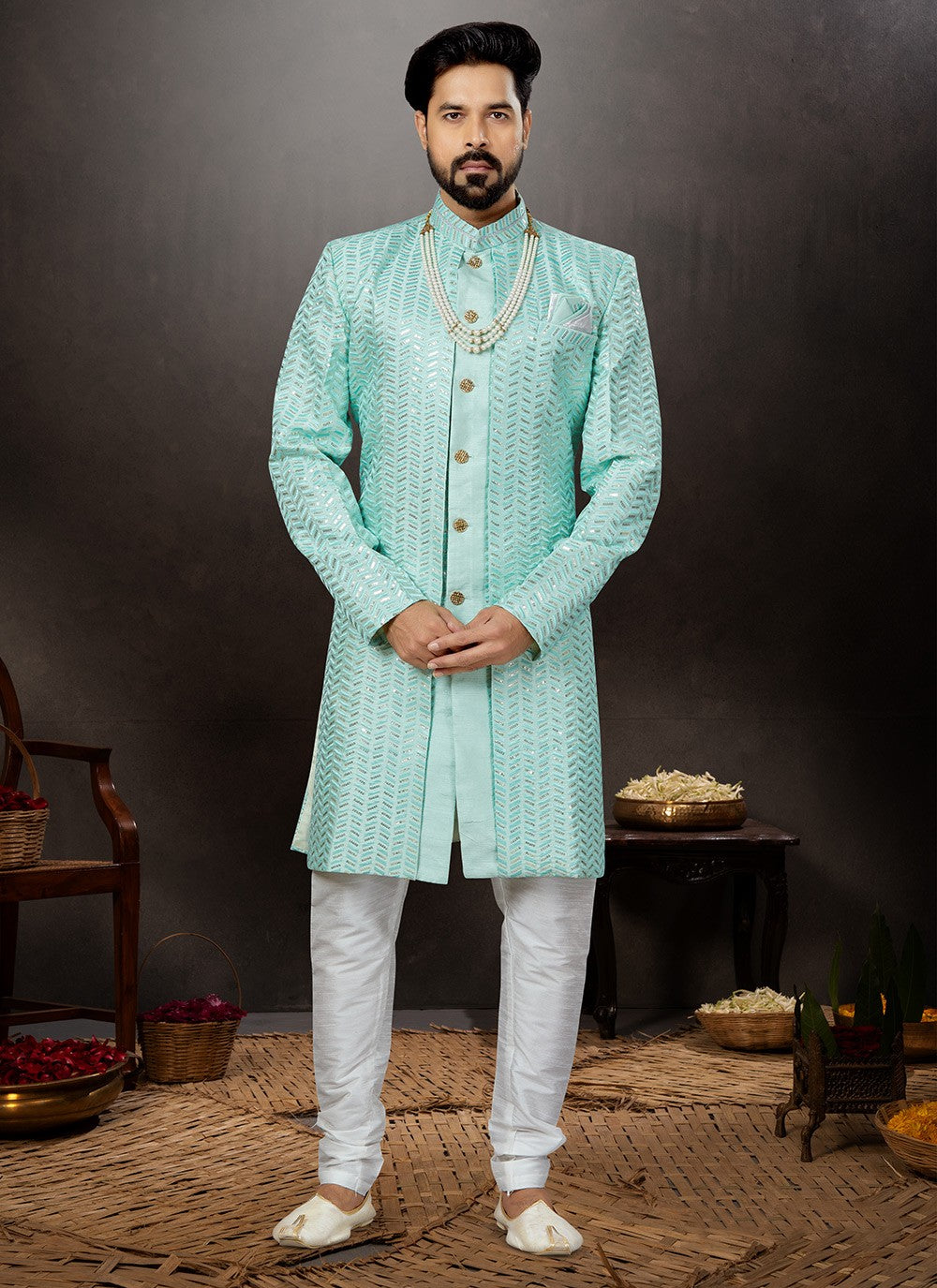 Embroidered Jacquard Firozi Indo Western Sherwani - M4826