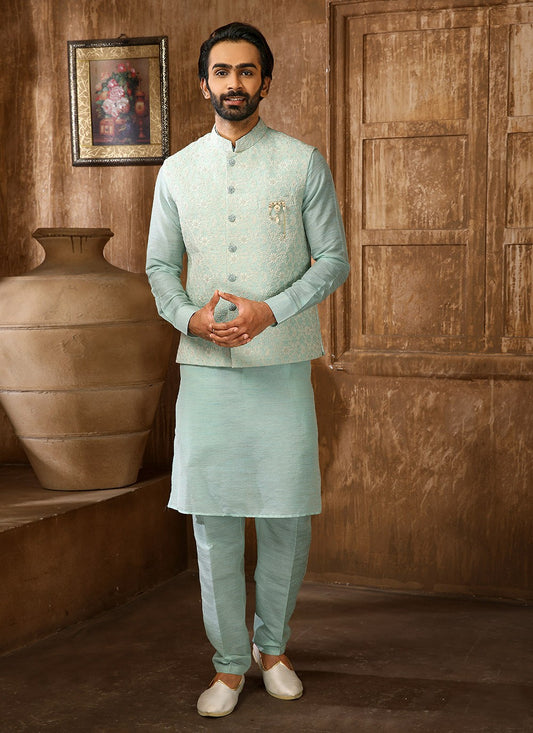 Embroidered Banarasi Silk Firozi Kurta Payjama With Jacket - M4271