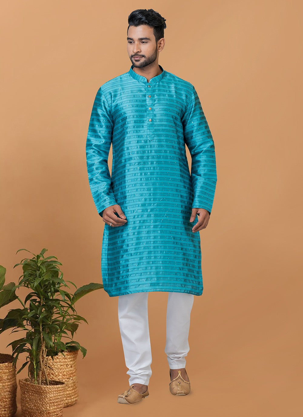 Fancy Work Silk Firozi Kurta Pyjama - M6376