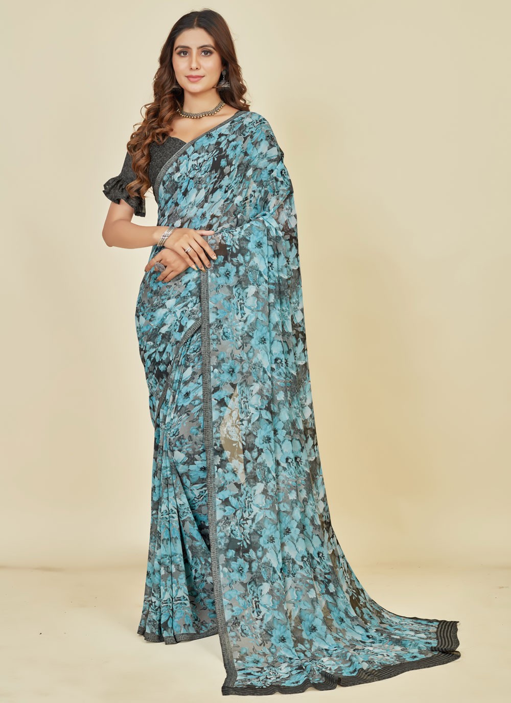 Trendy Floral Printed Georgette Saree - S5376