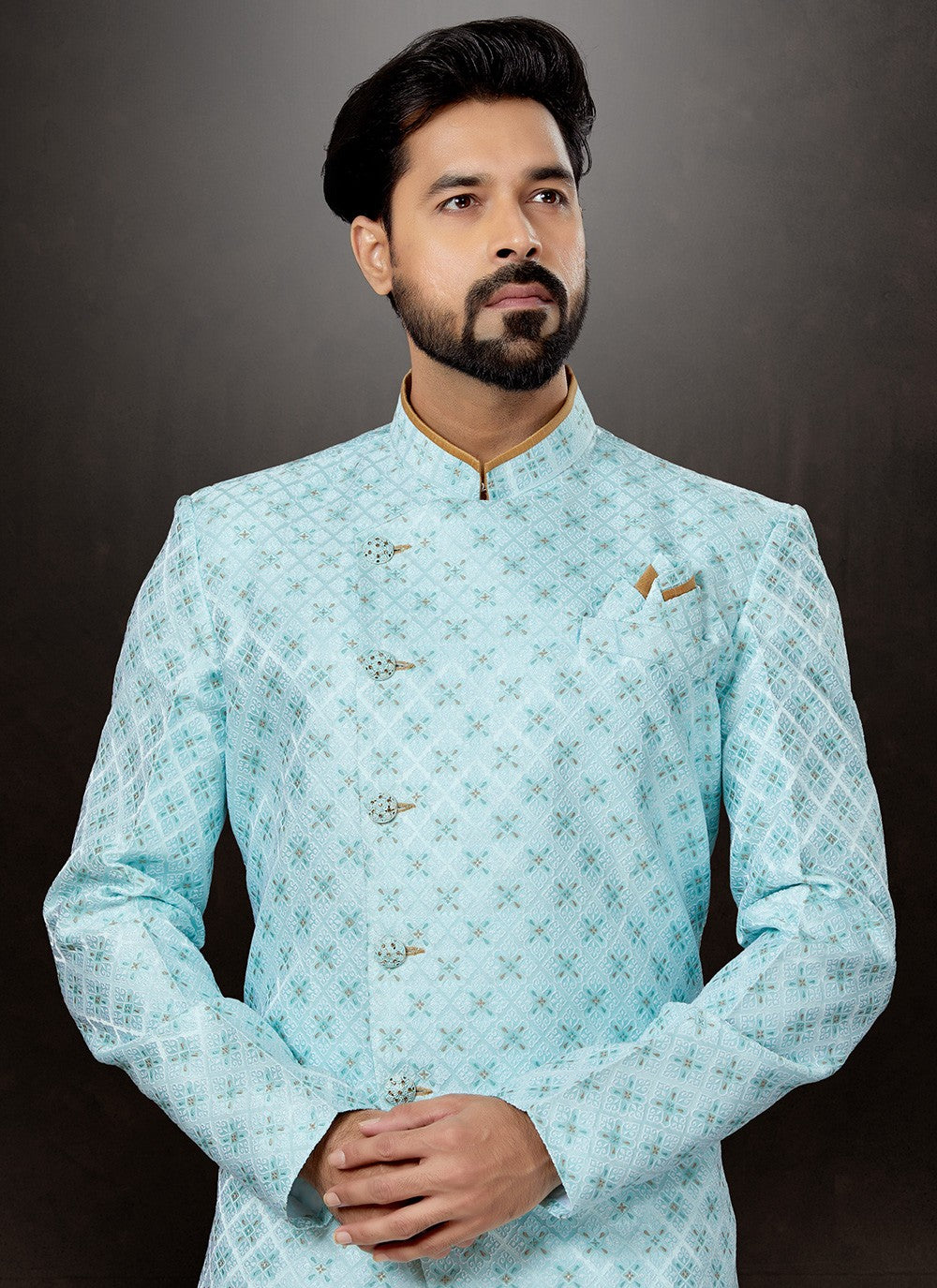 Embroidered Jacquard Firozi Indo Western Sherwani - M4811