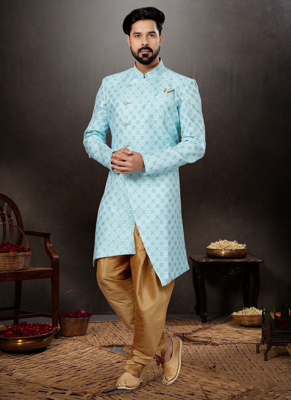 Embroidered Jacquard Firozi Indo Western Sherwani - M4811