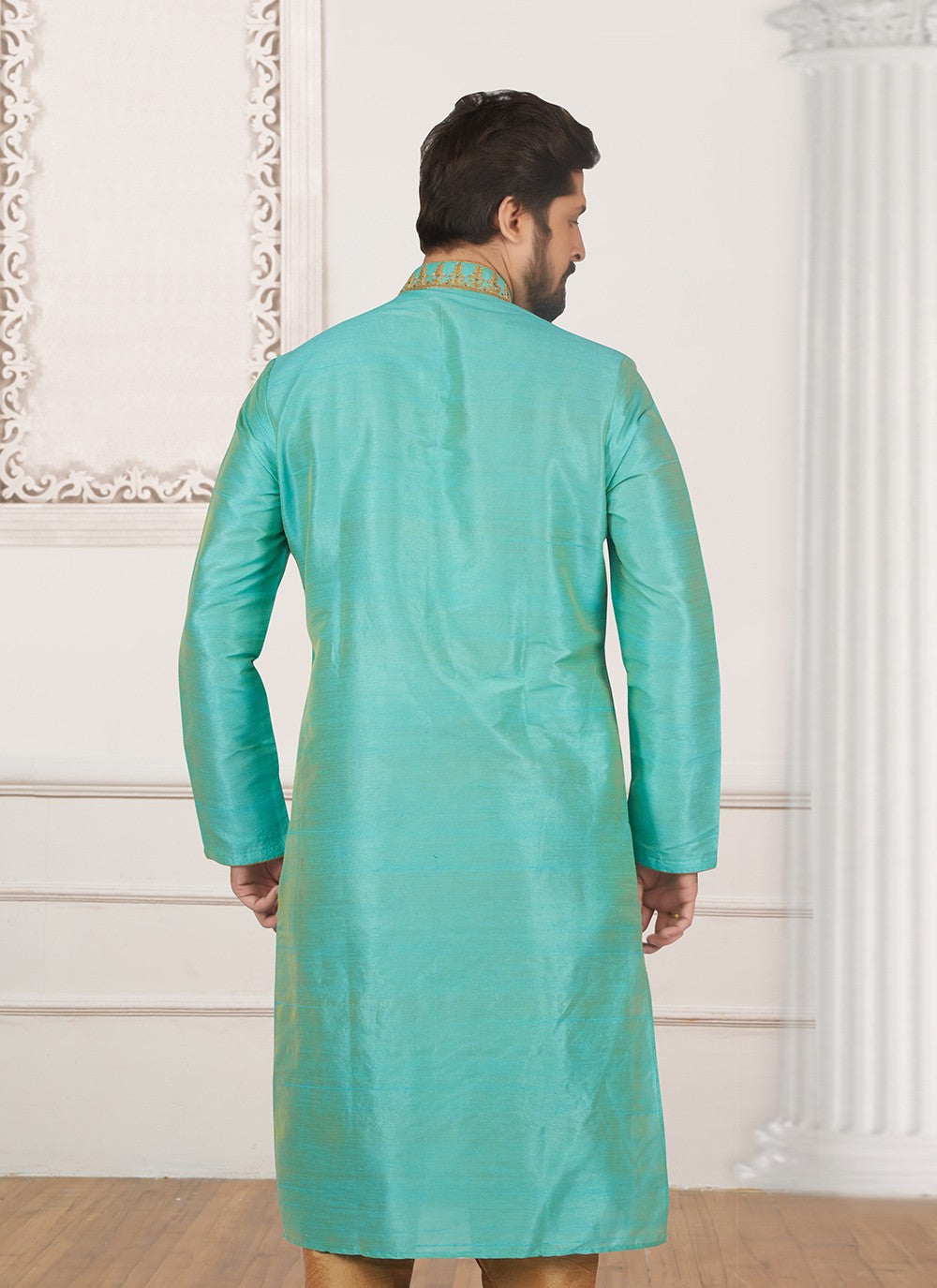 Embroidered Dupion Silk Firozi Kurta Pyjama - M6572