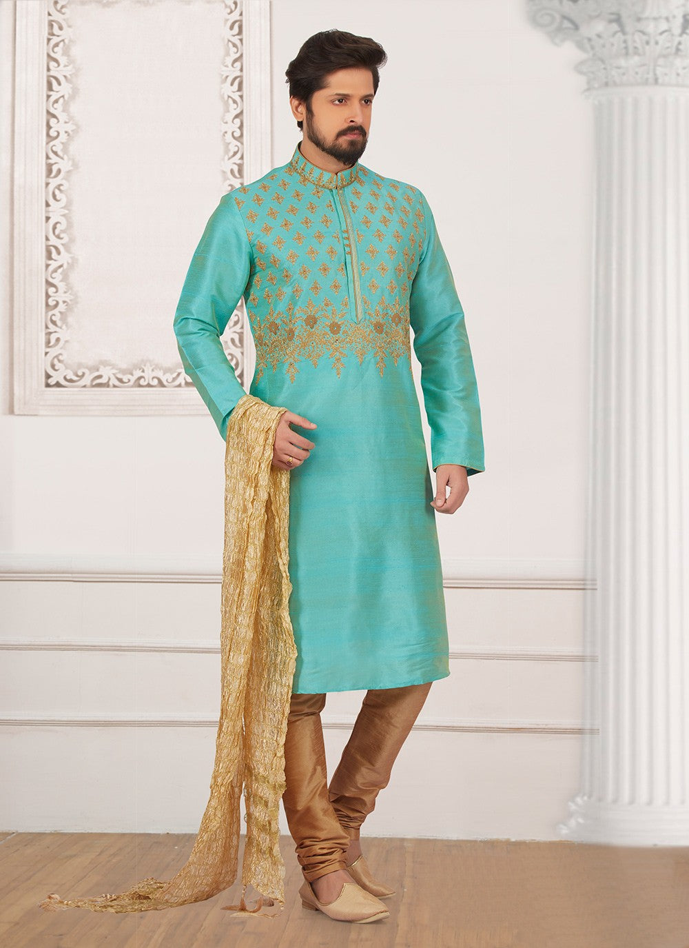 Embroidered Dupion Silk Firozi Kurta Pyjama - M6572