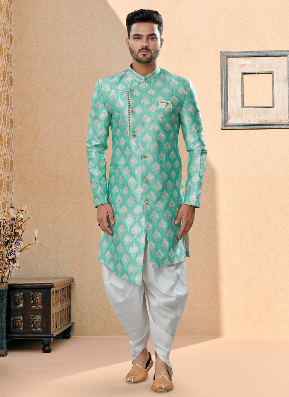 Stones Banarasi Jacquard Firozi Indo Western Sherwani - M3891