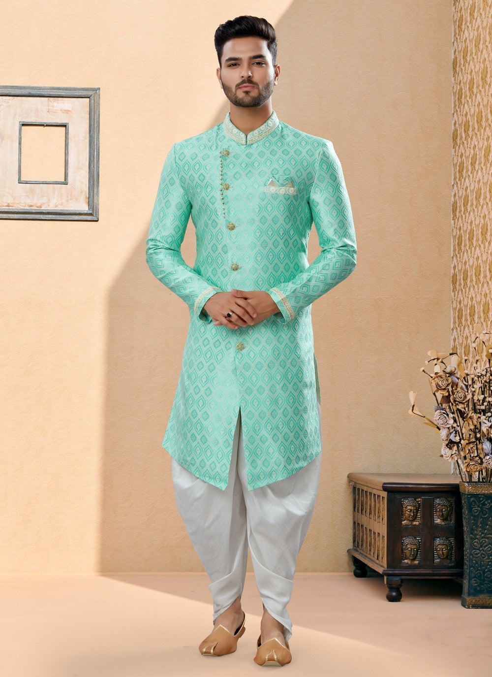 Thread Banarasi Jacquard Firozi Indo Western Sherwani - M3903