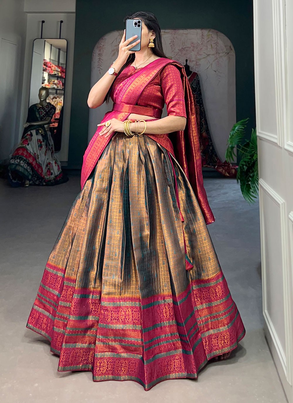 Weaving Zari Jacquard Silk A - Line Lehenga - L1663