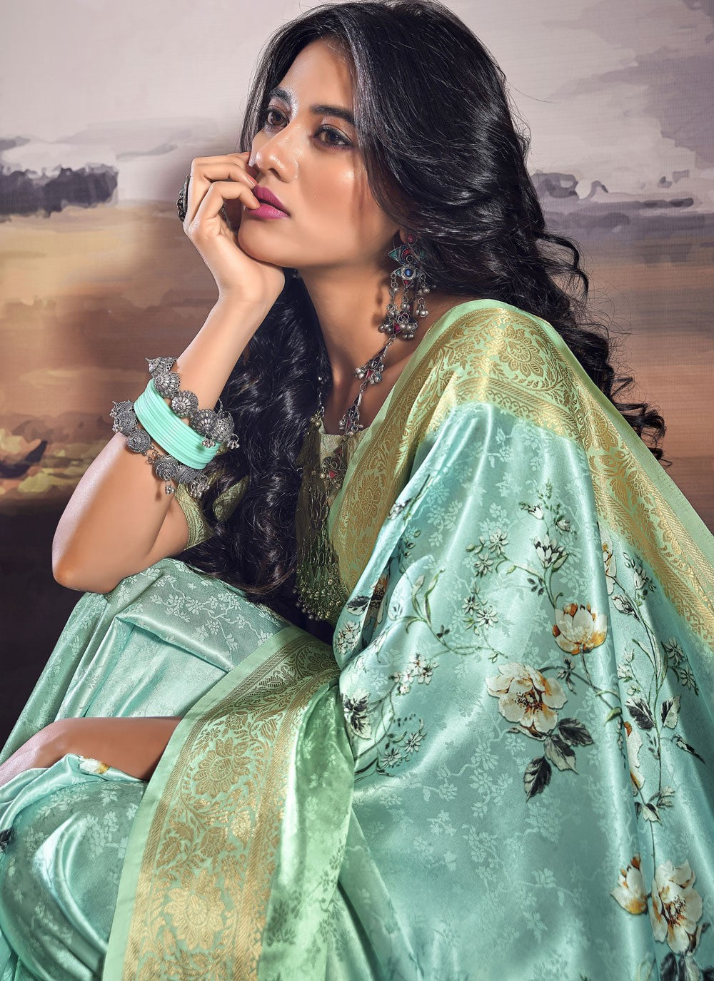 Classic Digital Print Satin Saree - S9978