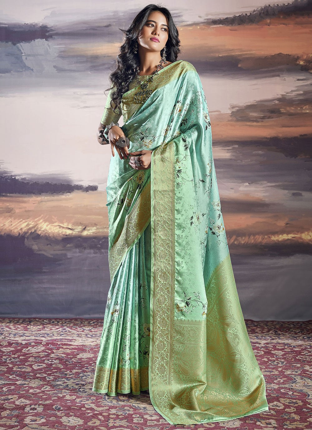 Classic Digital Print Satin Saree - S9978