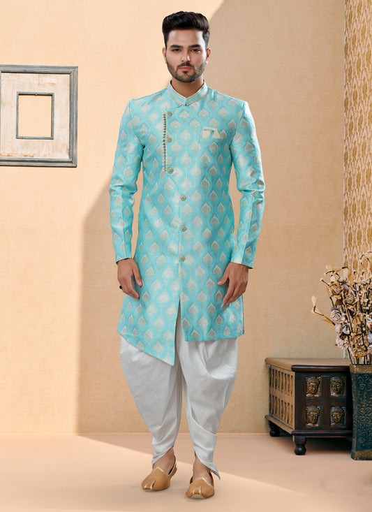 Stones Banarasi Jacquard Firozi Indo Western Sherwani - M3890