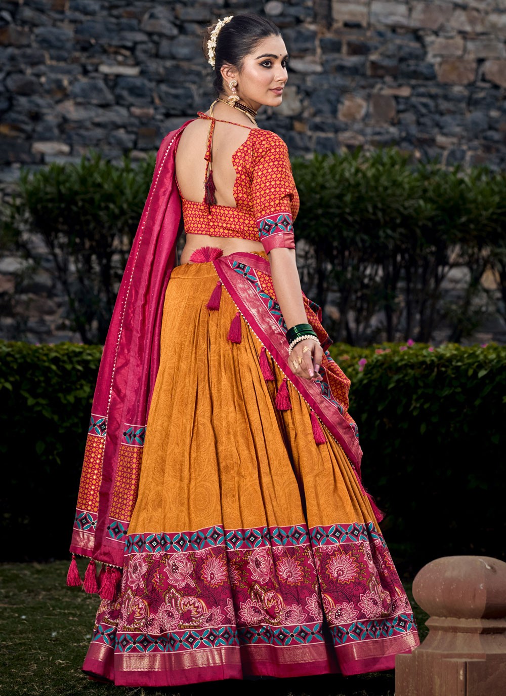 Floral Printed Tussar Silk A - Line Lehenga - L1746