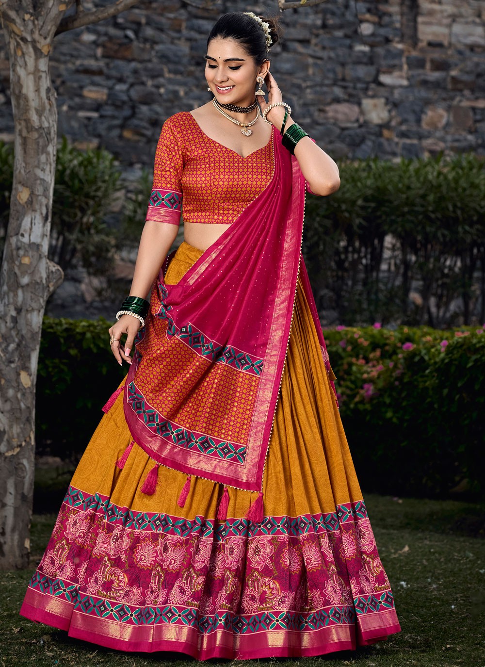 Floral Printed Tussar Silk A - Line Lehenga - L1746