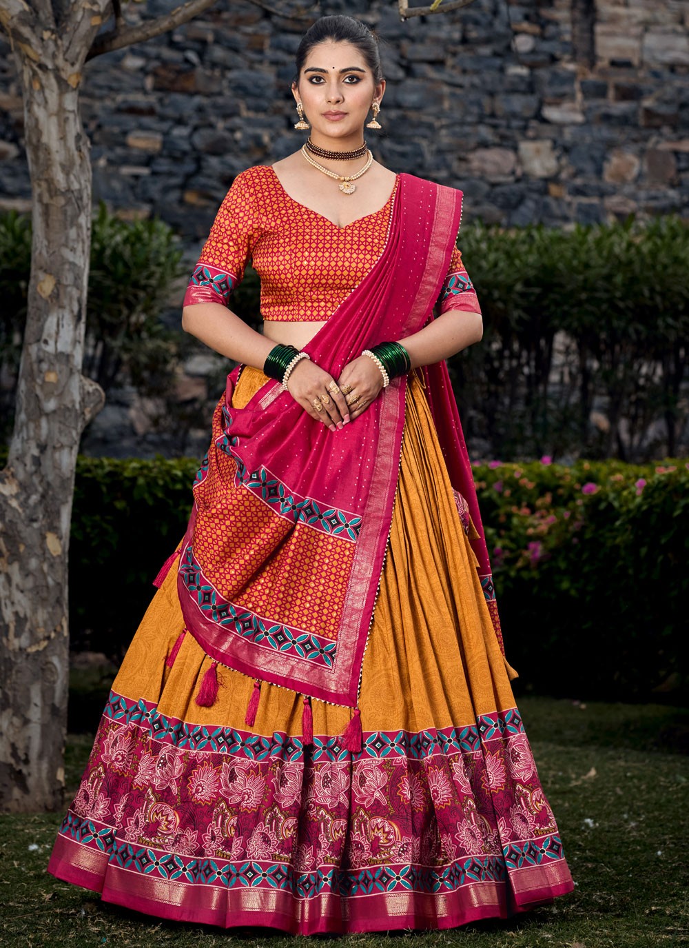 Floral Printed Tussar Silk A - Line Lehenga - L1746