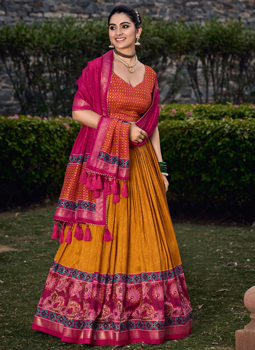 Floral Printed Tussar Silk A - Line Lehenga - L1746