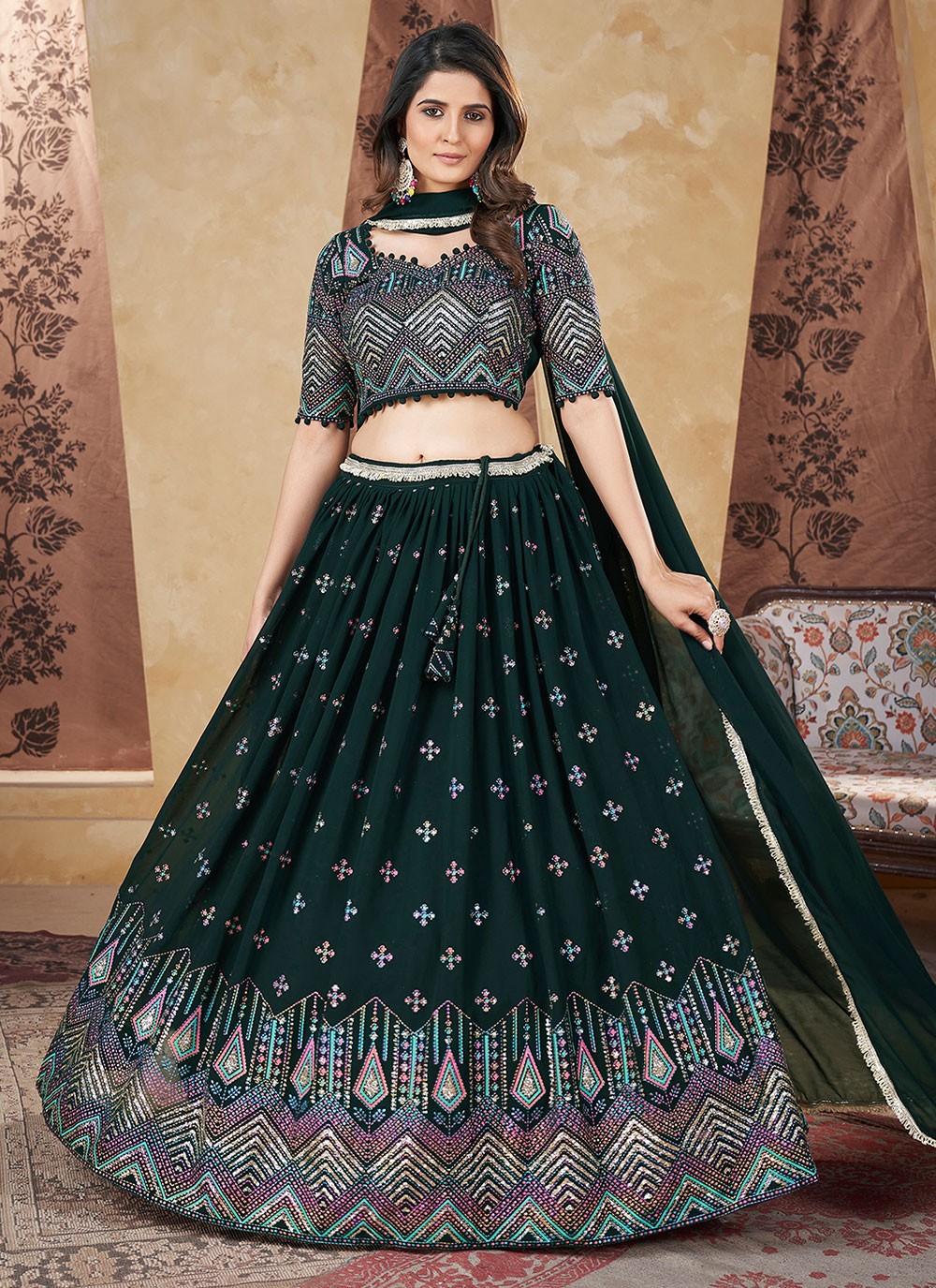 Foliage Prints Georgette A - Line Lehenga - L1668