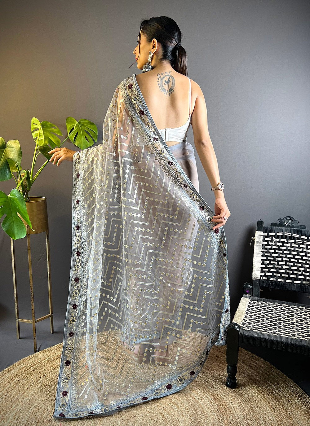 Trendy Embroidered Net Saree - S10598