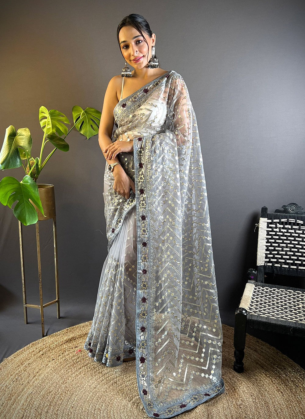 Trendy Embroidered Net Saree - S10598