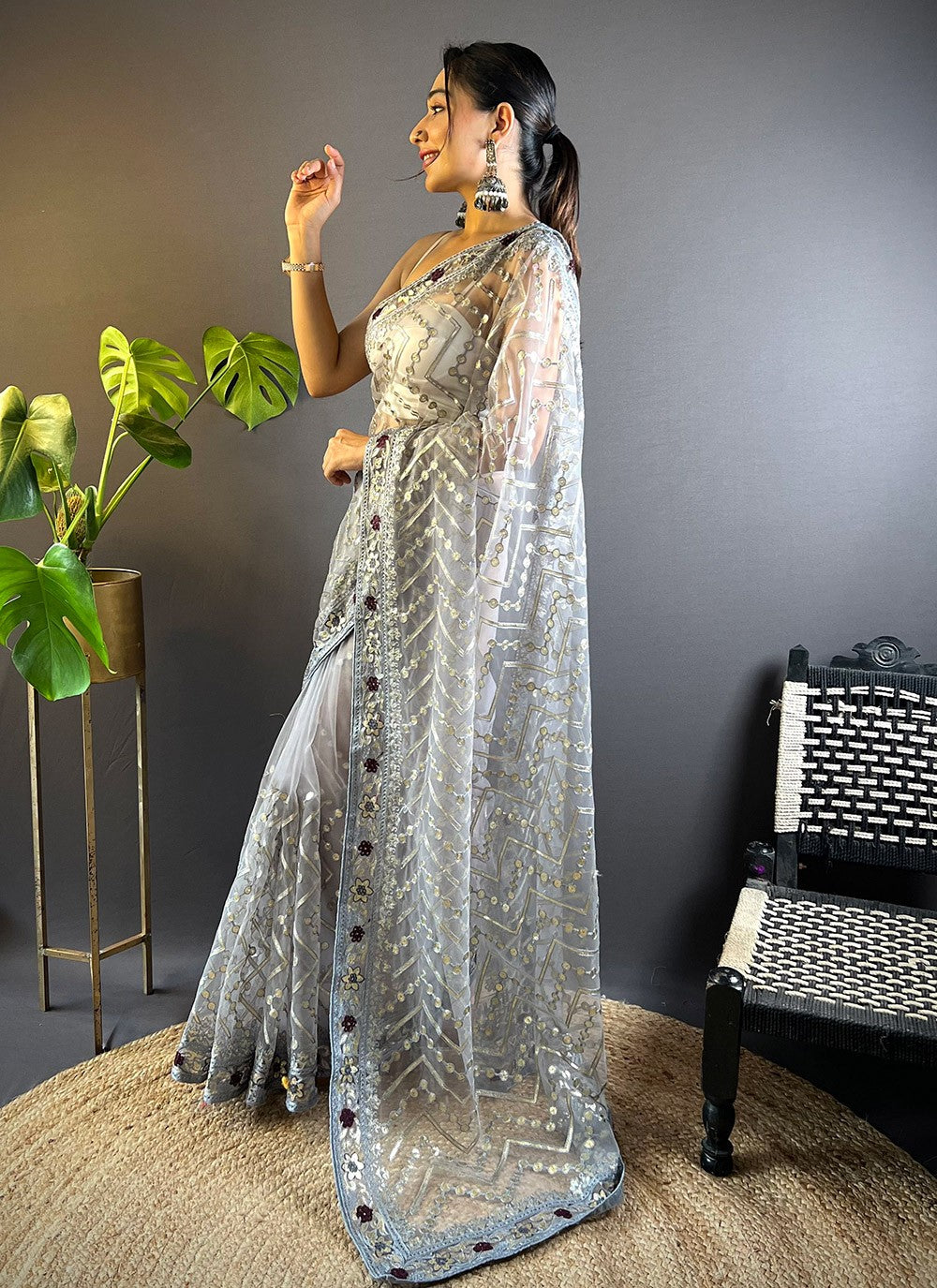 Trendy Embroidered Net Saree - S10598