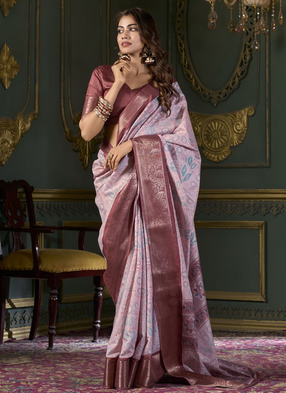 Contemporary Foliage Prints Silk Saree - S9095