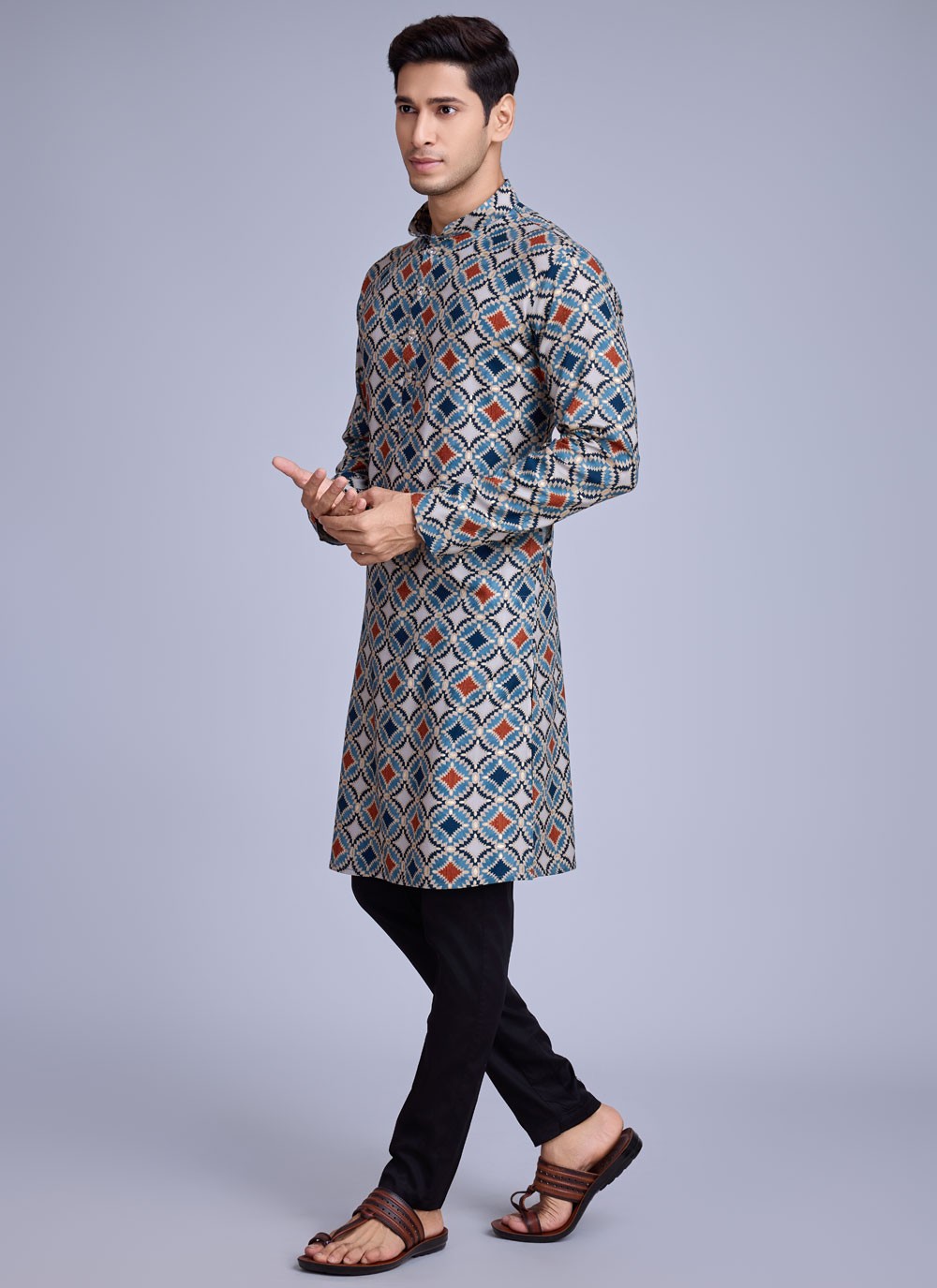 Foliage Prints Rayon Blue Kurta - M8282