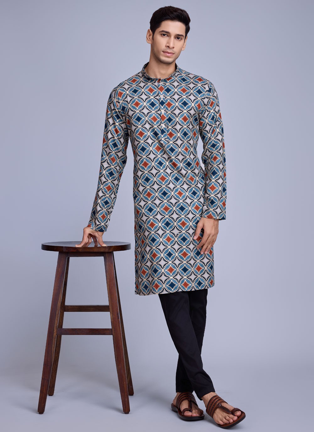 Foliage Prints Rayon Blue Kurta - M8282