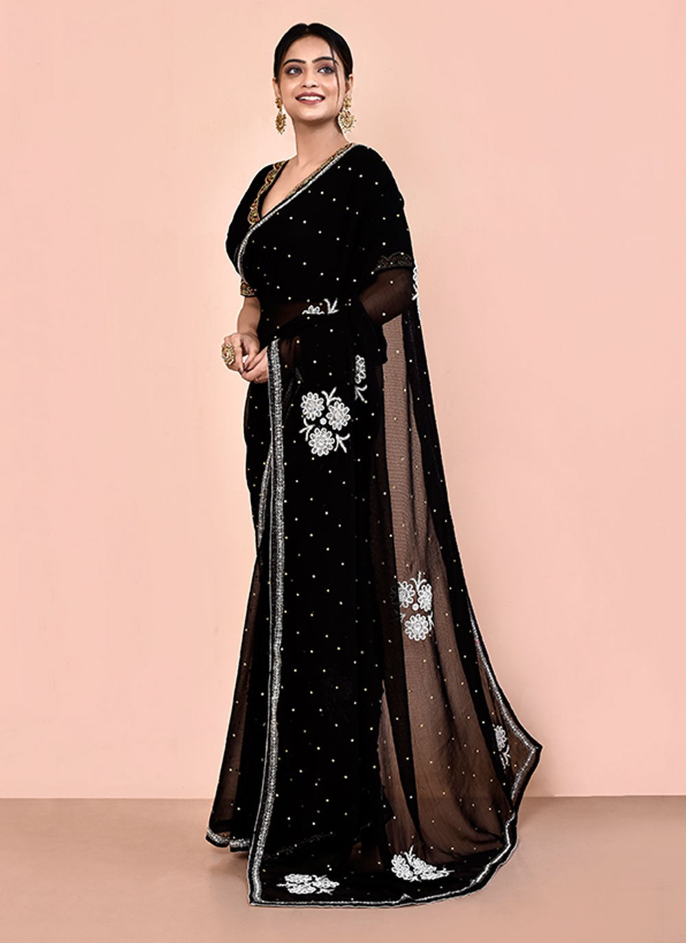 Contemporary Hand Embroidery Georgette Saree - S5499