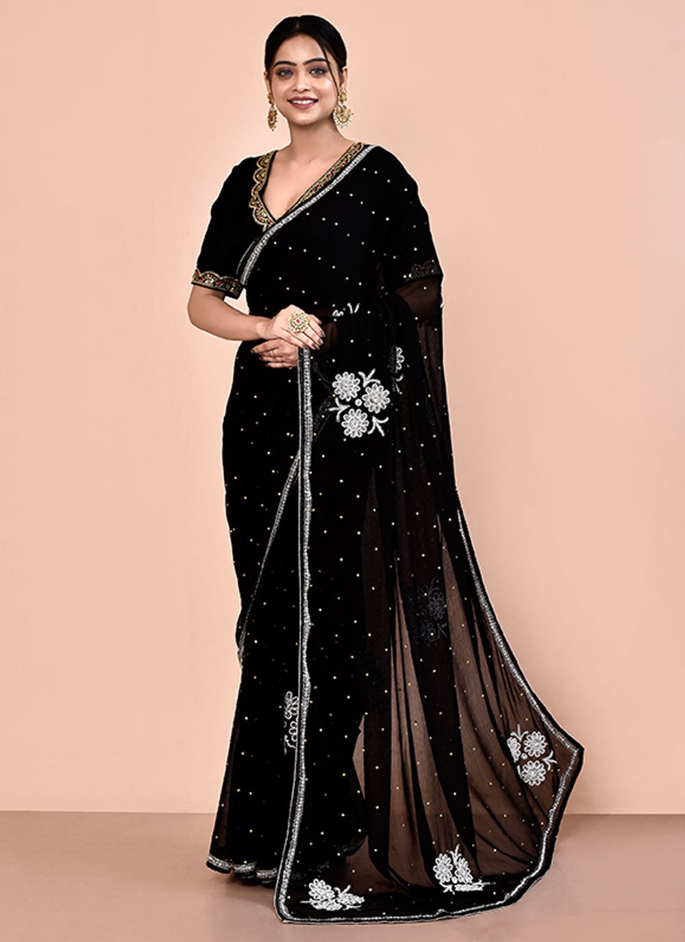 Contemporary Hand Embroidery Georgette Saree - S5499