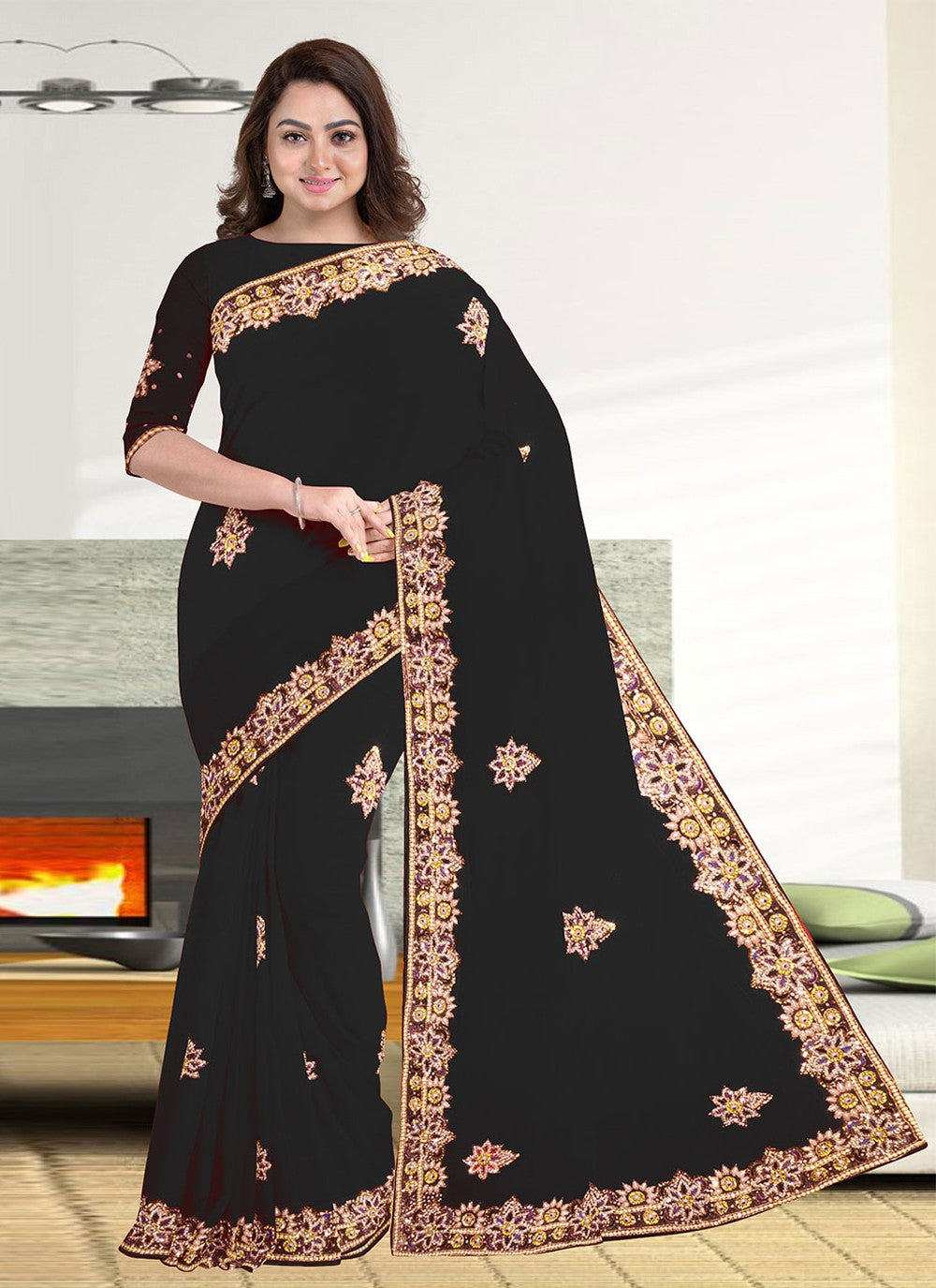 Classic Hand Embroidery Georgette Saree - S2130