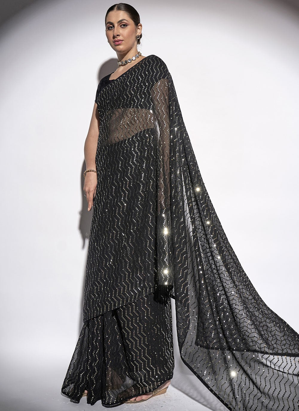 Designer Sequins Georgette Black Saree - S10842