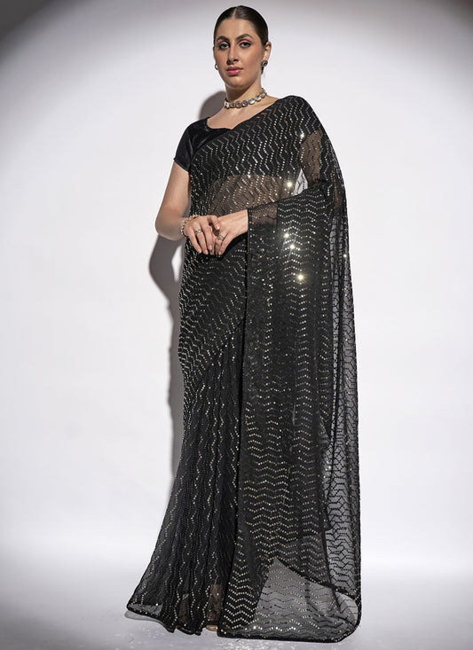 Designer Sequins Georgette Black Saree - S10842