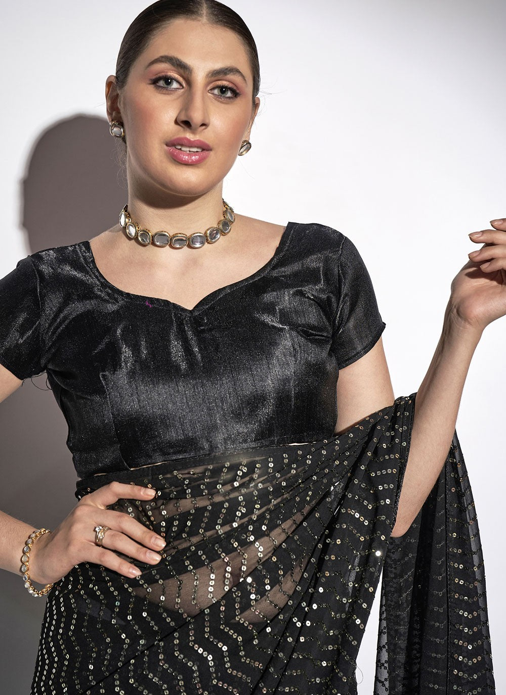 Designer Sequins Georgette Black Saree - S10842