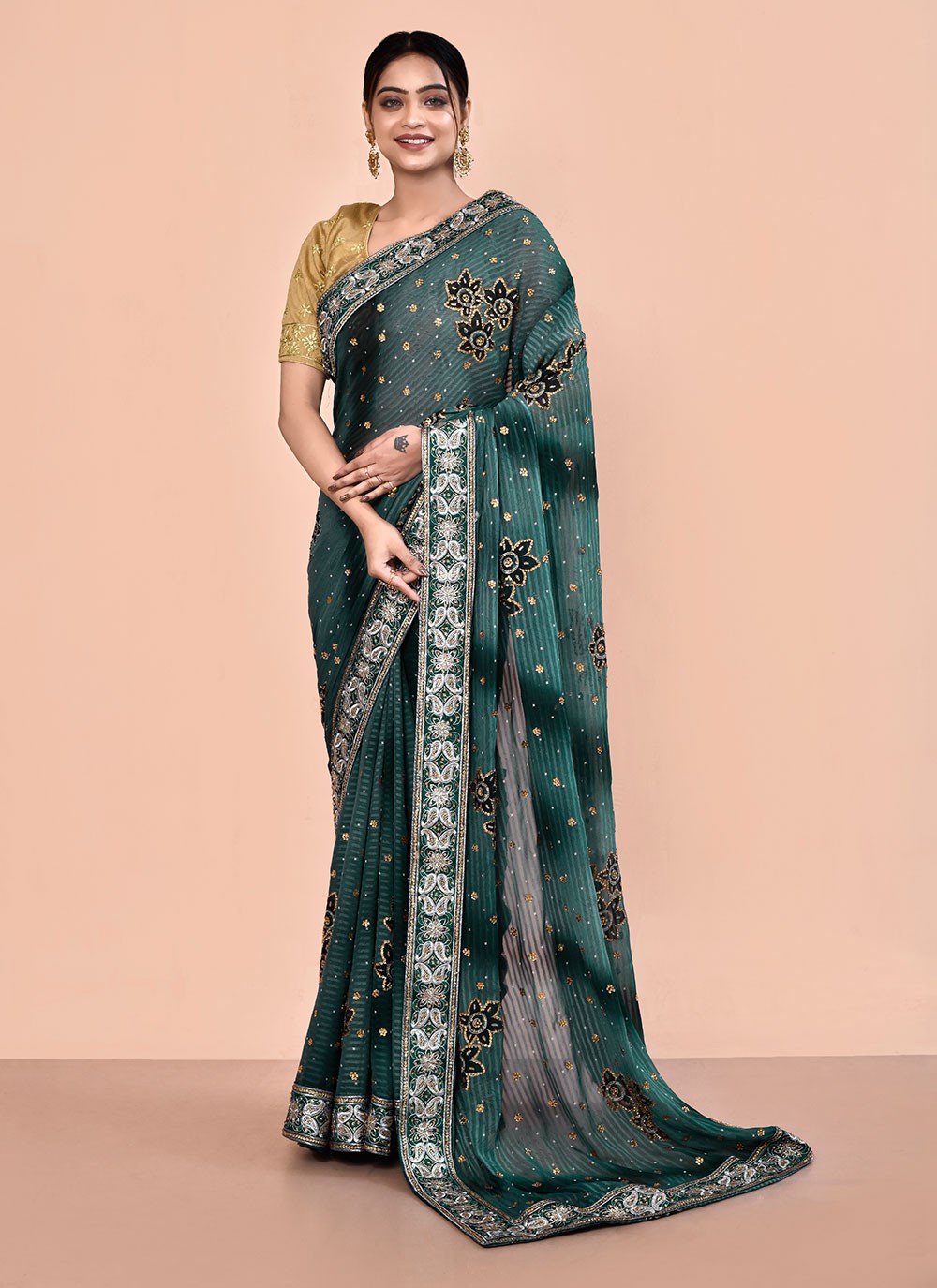 Contemporary Hand Embroidery Georgette Saree - S5499