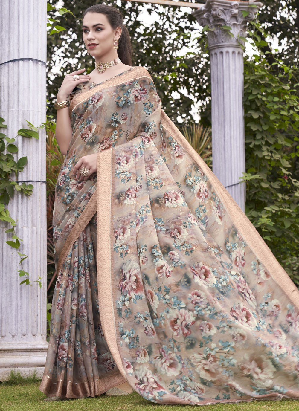 Contemporary Digital Print Georgette Aqua Blue Saree - S11148