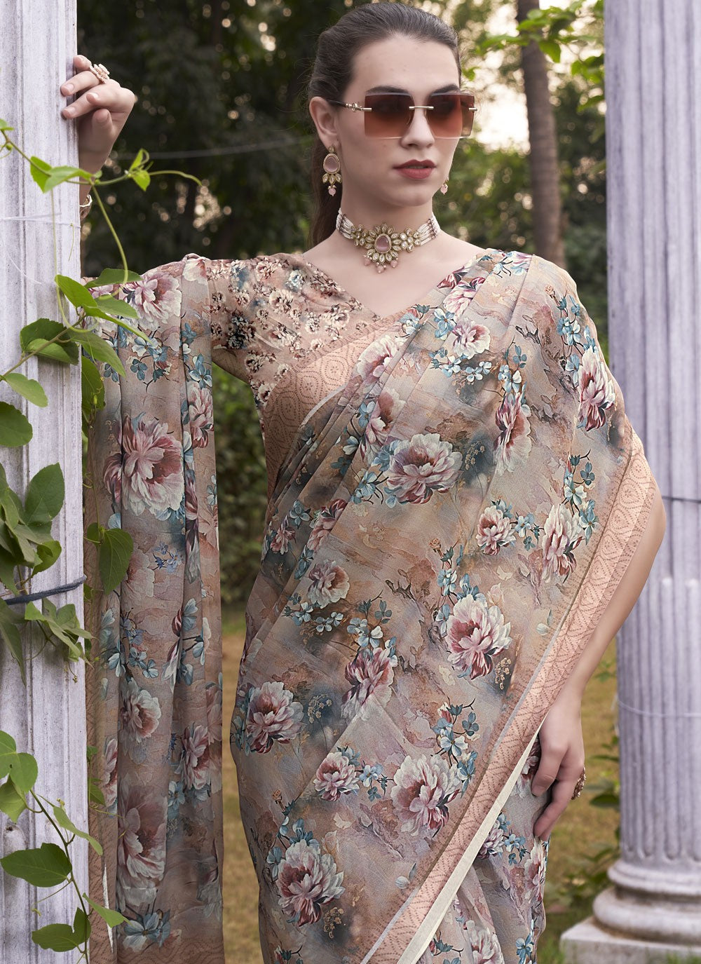 Contemporary Digital Print Georgette Aqua Blue Saree - S11148