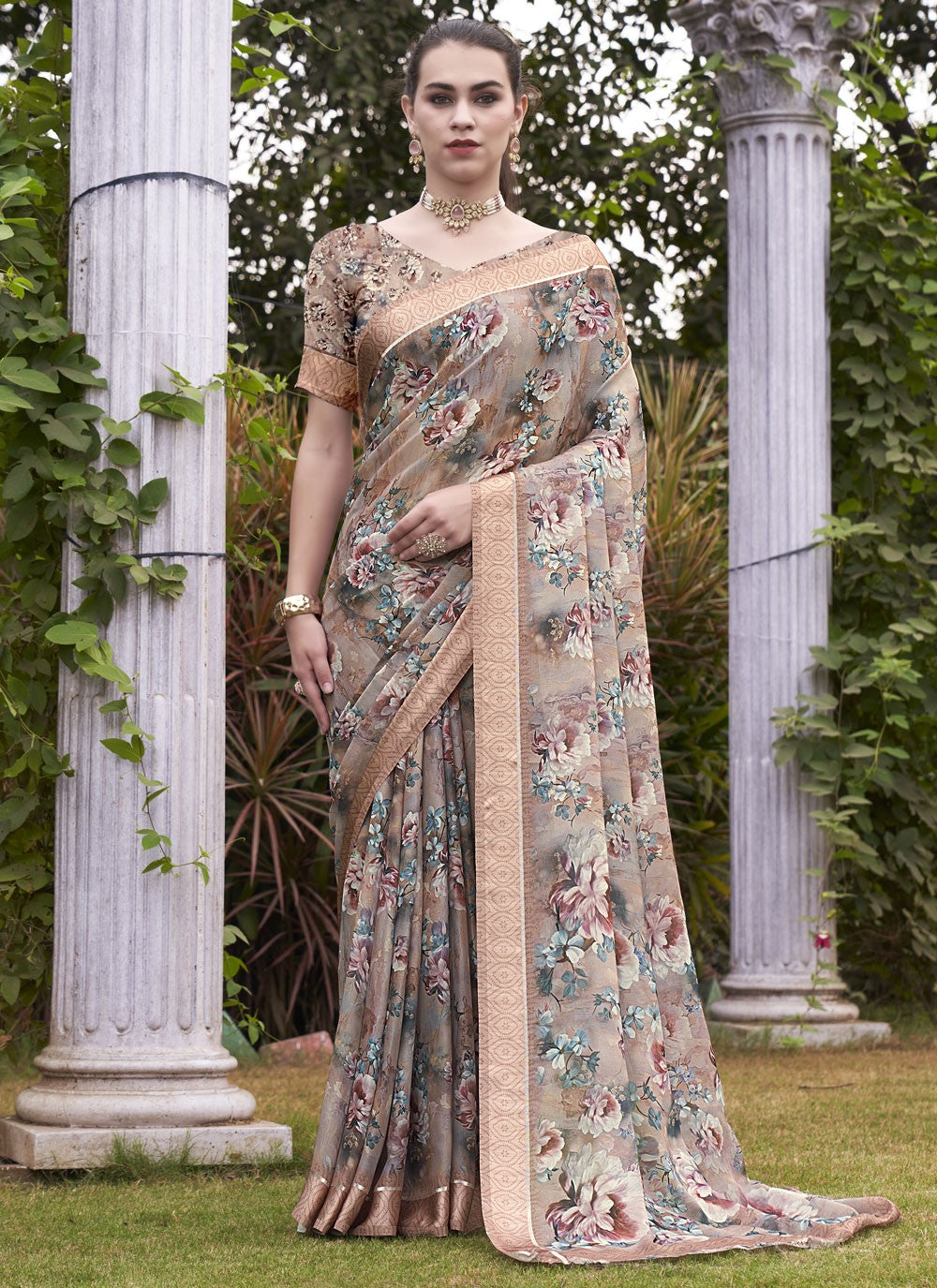 Contemporary Digital Print Georgette Aqua Blue Saree - S11148