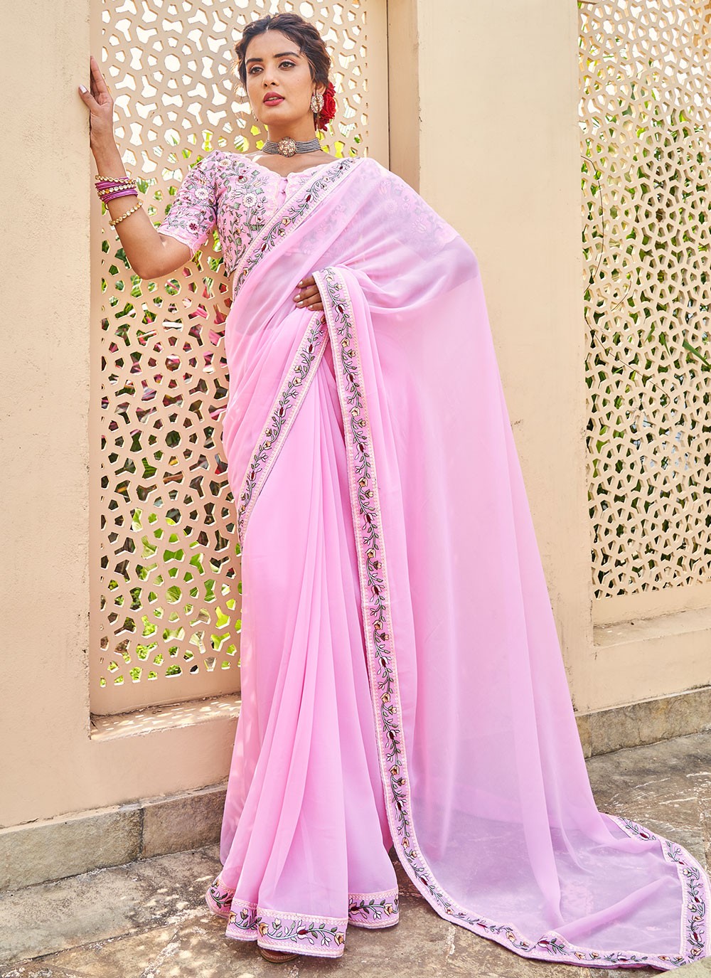 Trendy Border Work Georgette Saree - S2492