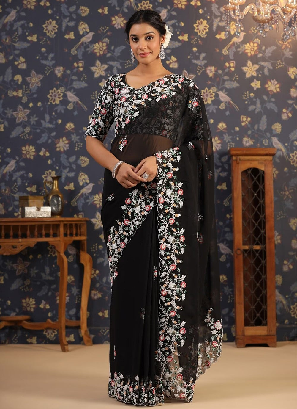 Trendy Embroidered Faux Georgette Saree - S4587