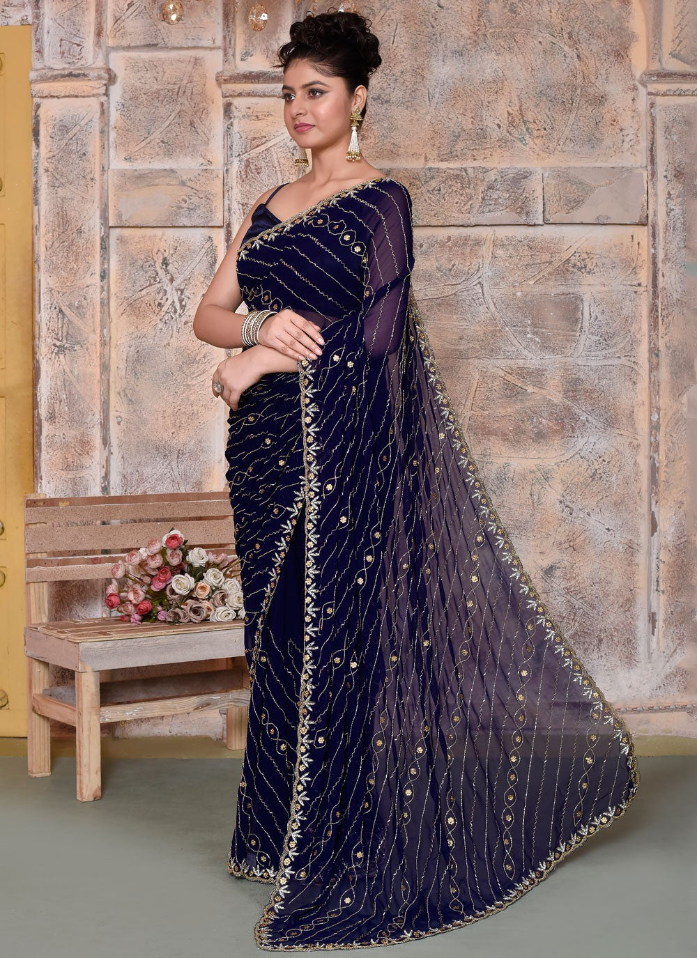 Classic Cut Work Georgette Saree - S7837