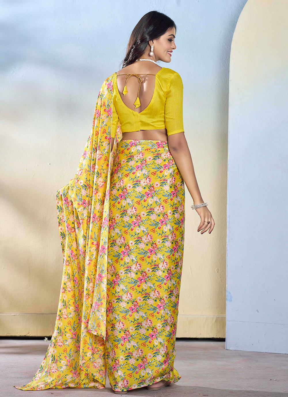 Classic Printed Georgette Yellow Saree - S10775