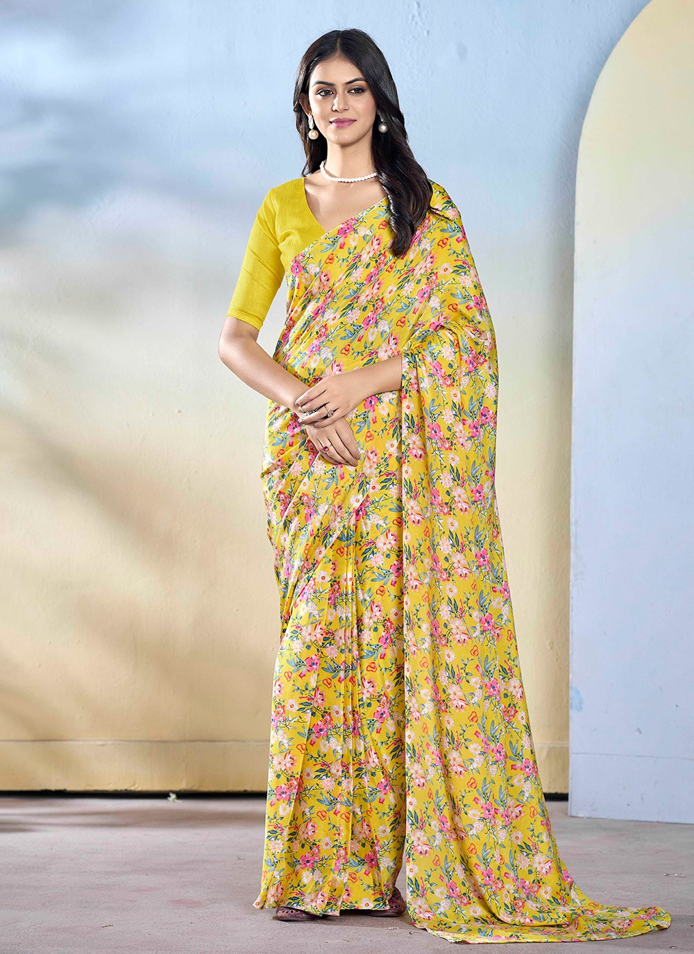 Classic Printed Georgette Yellow Saree - S10775