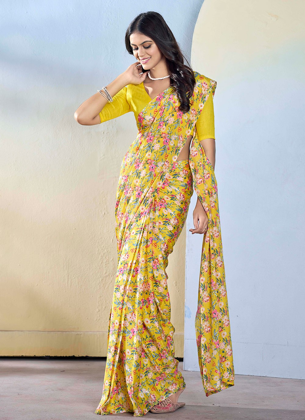 Classic Printed Georgette Yellow Saree - S10775