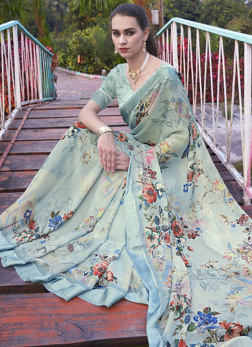 Contemporary Digital Print Georgette Aqua Blue Saree - S11148