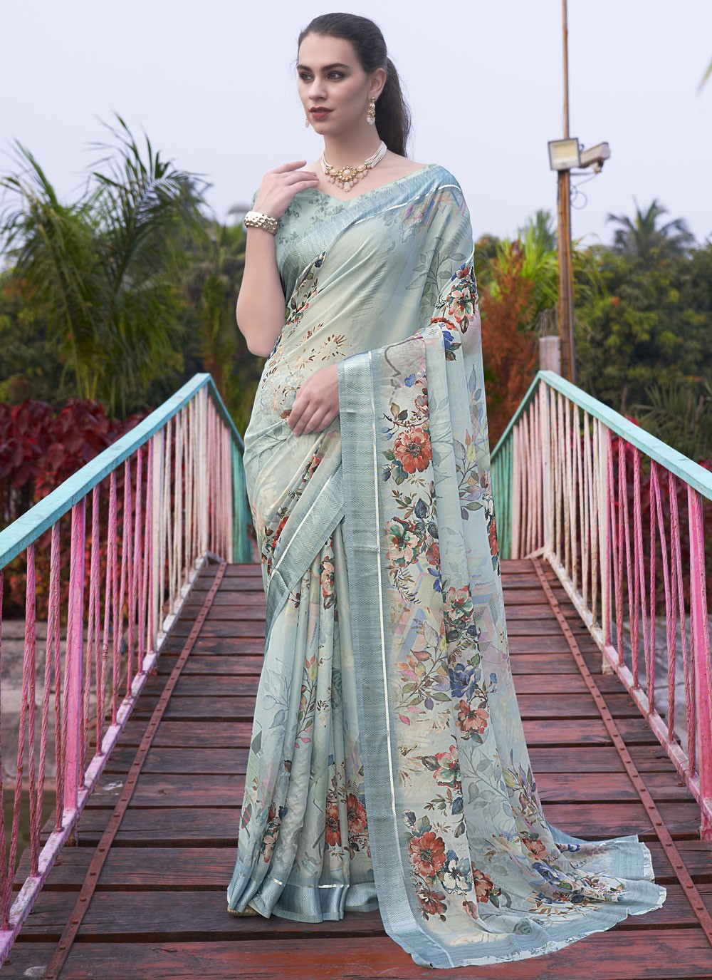 Contemporary Digital Print Georgette Aqua Blue Saree - S11148